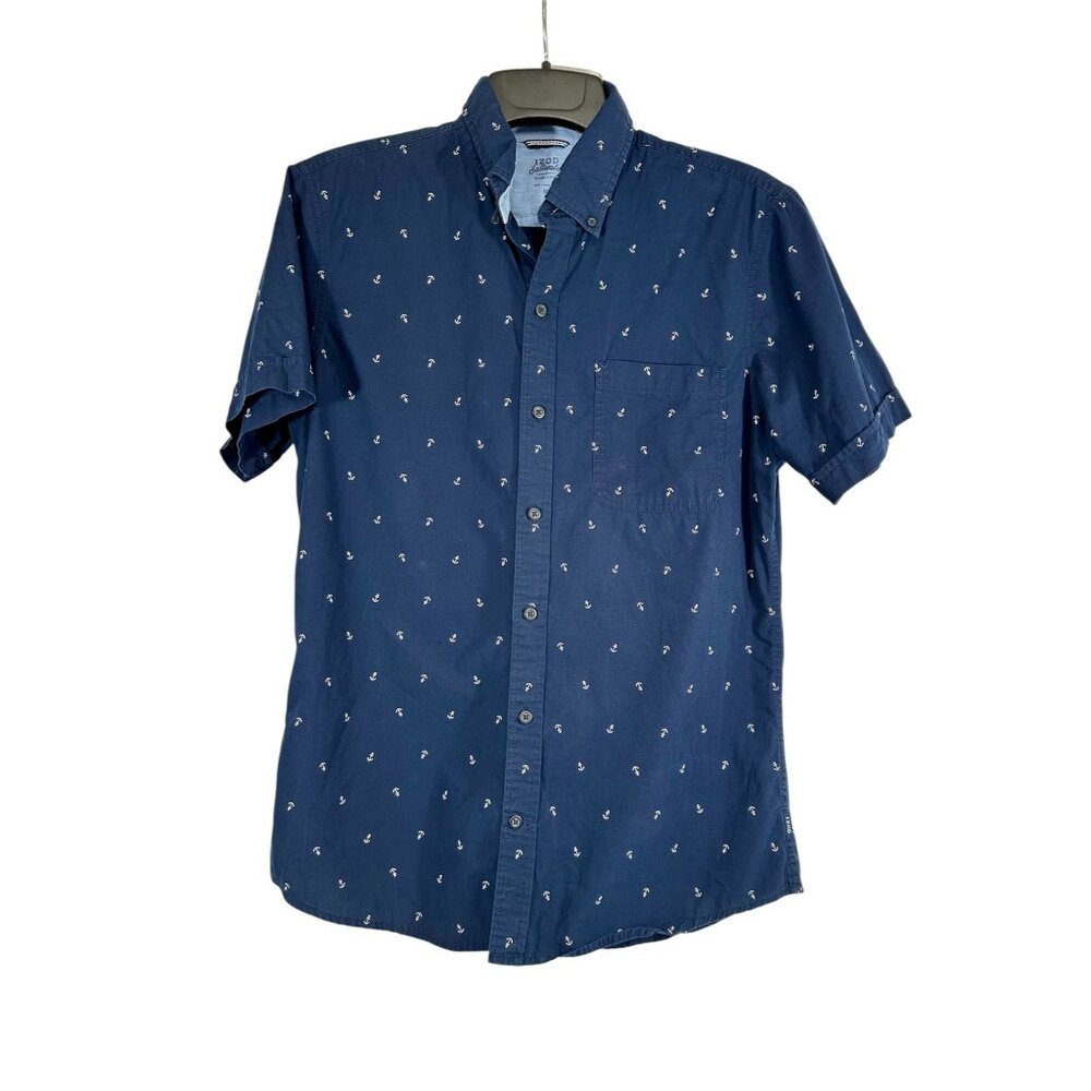 Izod Saltwater Mens Anchor Print Navy Blue Short Sleeve Button-Up Shirt Size M